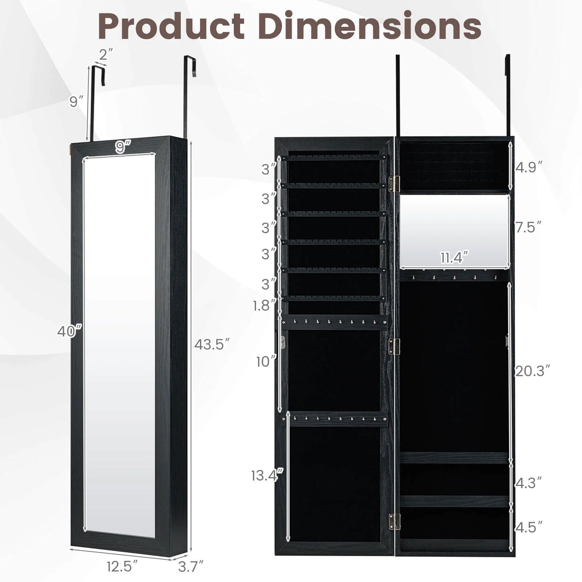 Costway Wall Door Mounted Mirrored Jewelry Cabinet Storage Organizer-Black