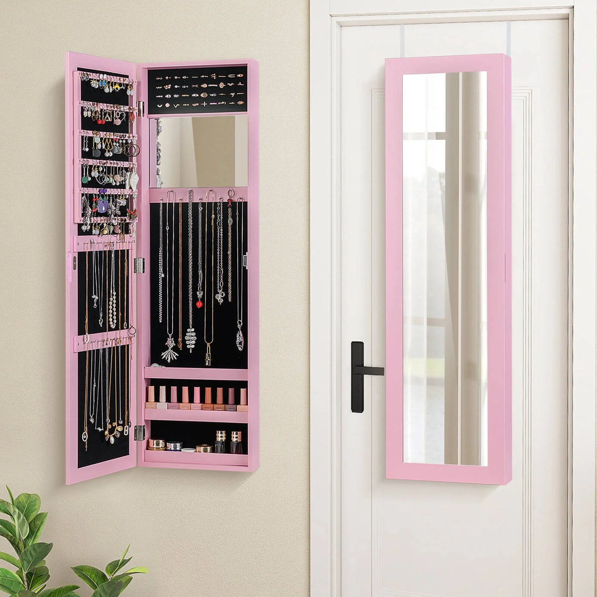 Costway Wall Door Mounted Mirrored Jewelry Cabinet Storage Organizer-Black