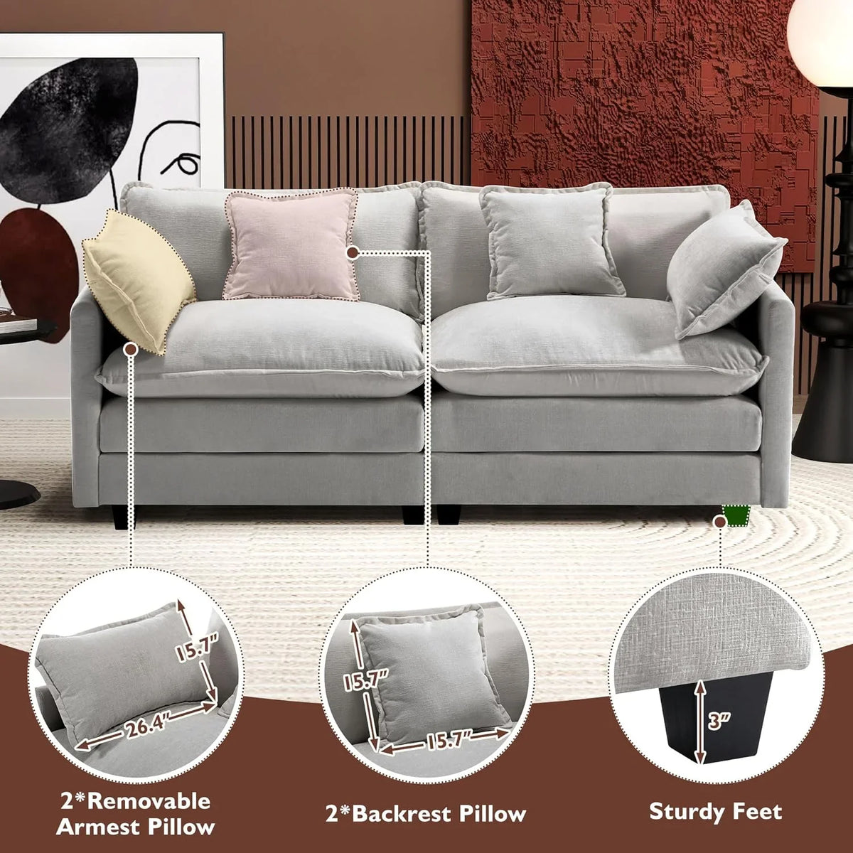 Ihanherry 146" U-Shaped Modern Sofa Modular Sectional Cloud Couch with 2 Ottoman, 6-Seat Chenille Deep Seat Sofa with 6 Pillows for Living Room, Bedroom and Apartment, Grey