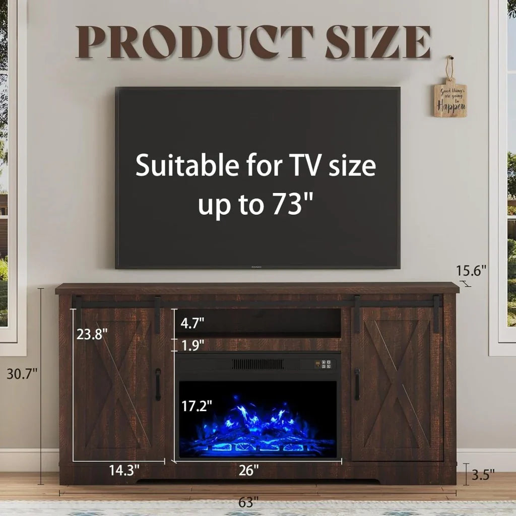 AMERLIFE Fireplace TV Stand with Sliding Barn Door for TVs up to 73", Farmhouse 63" Fireplace Entertainment Center with Storage Cabinets/Adjustable Shelves