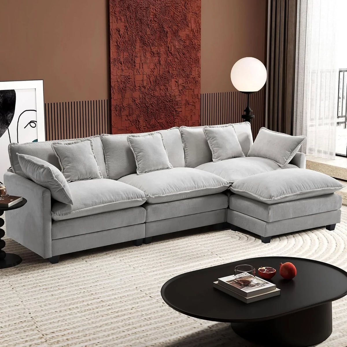 Ihanherry 146" U-Shaped Modern Sofa Modular Sectional Cloud Couch with 2 Ottoman, 6-Seat Chenille Deep Seat Sofa with 6 Pillows for Living Room, Bedroom and Apartment, Grey
