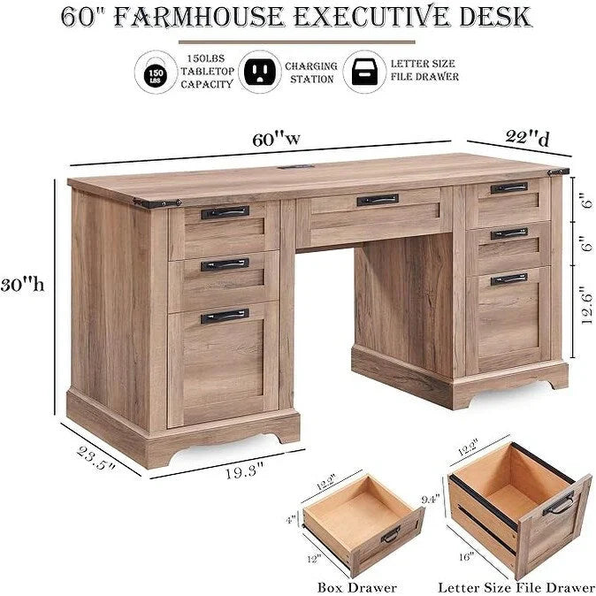 60 Farmhouse Executive Desk, Wood Home Office Desk, Computer Desk