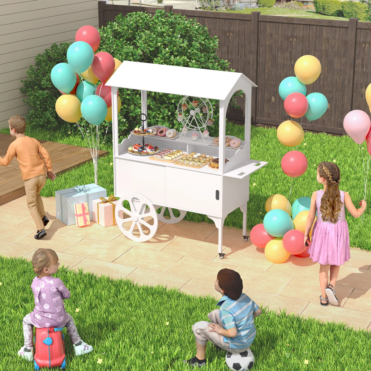 Candy Cart with Wheels for Party,Wood Dessert Cart with Storage Cabinet