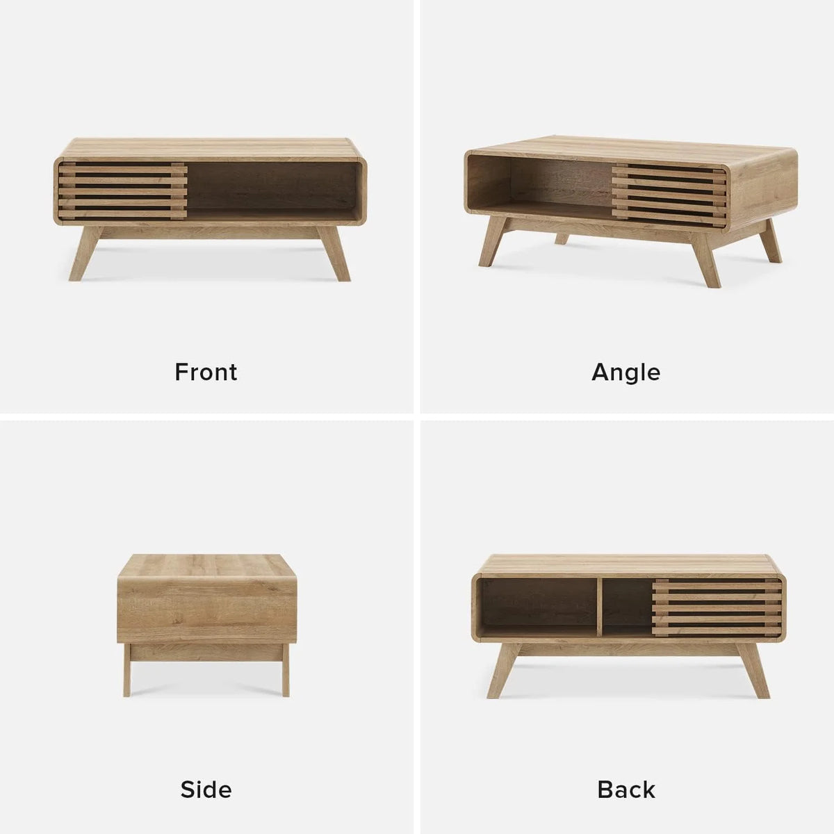 Mopio Ensley Mid Century Modern Rectangle Coffee Table with Dual Storage Shelf, Wood Slat Sliding Door, & Rounded Edge Protection for Living Room, Walnut Grain