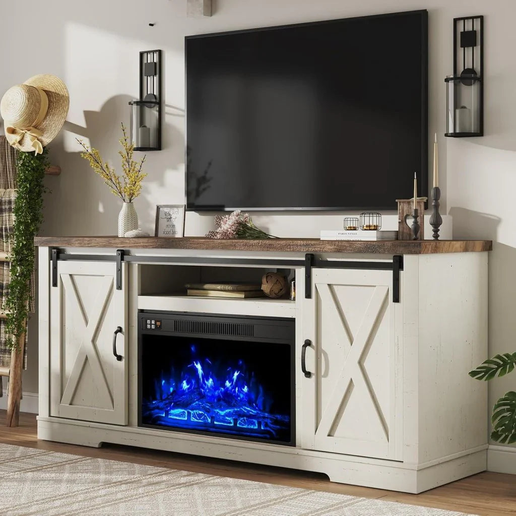 AMERLIFE Fireplace TV Stand with Sliding Barn Door for TVs up to 73", Farmhouse 63" Fireplace Entertainment Center with Storage Cabinets/Adjustable Shelves