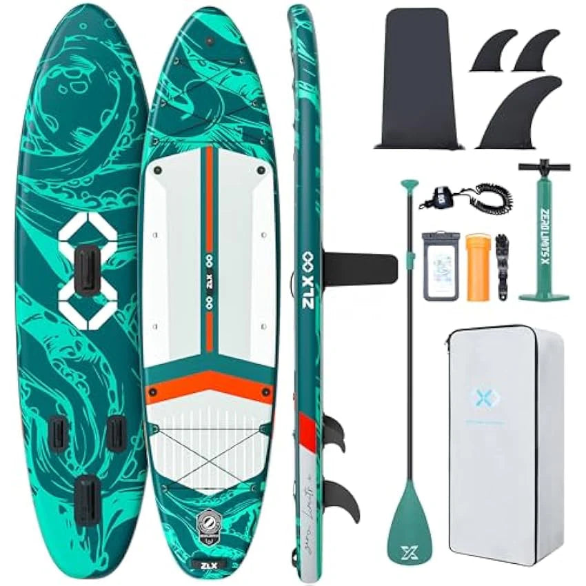 ZLX 11'6" Extra Wide Inflatable Stand Up Paddle Board SUP, Stable Non-Slip Deck Pad, Unique Fin System and Premium iSUP Accessories - Portable Backpack & Upgraded Pump for Adults, All Skill Levels