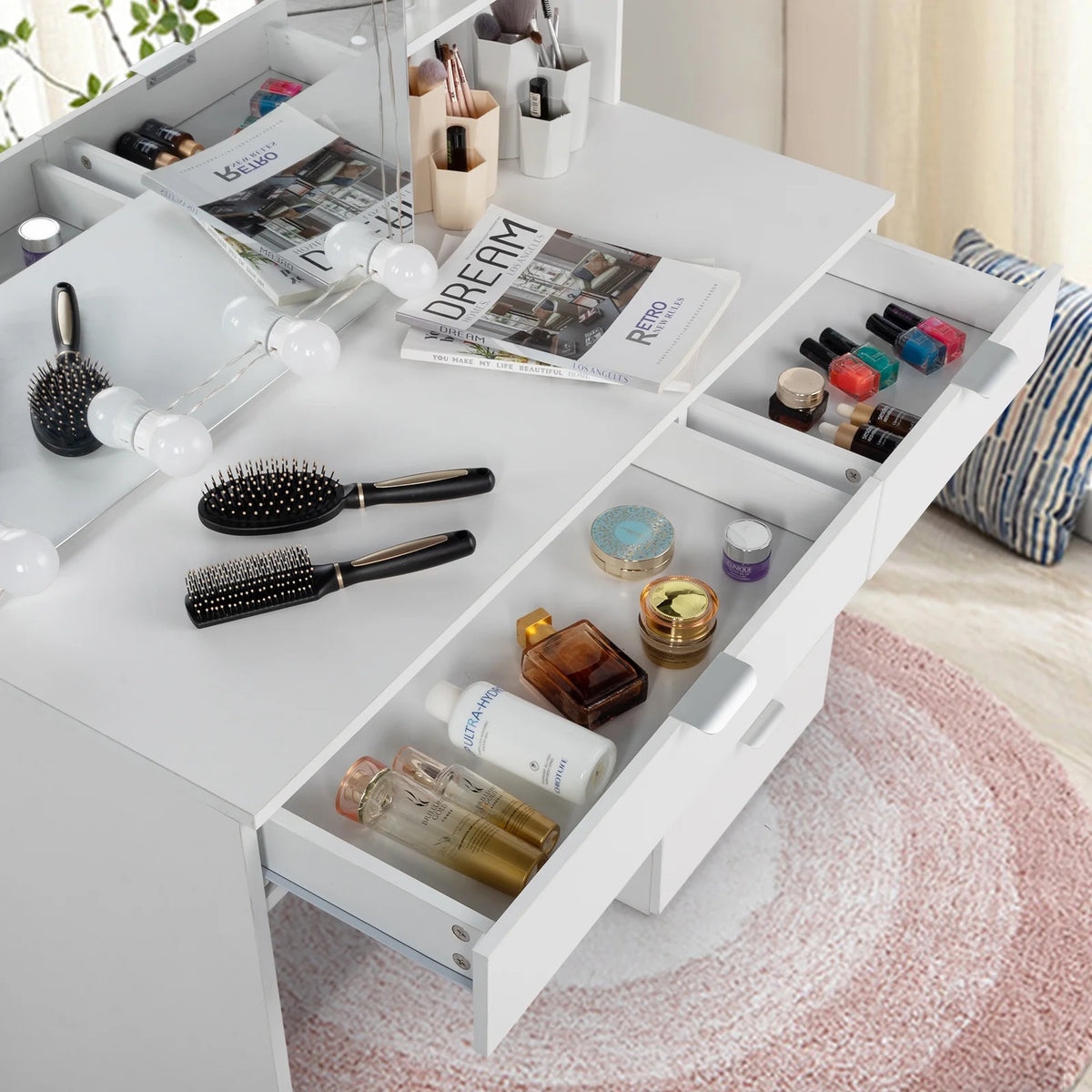 Ktaxon Vanity Set with 3 Color Lighted Mirror, Makeup Table with 6 Drawers, Dressing Table Makeup Desk with Stool, White