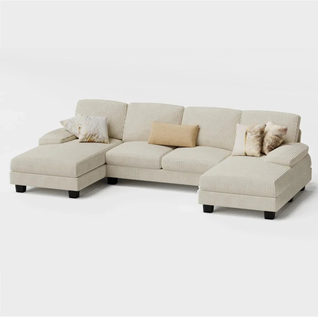 Furmax Sectional Couches for Living Room, U-Shaped Sofa Couch with Linen Fabric, 4 Seat Sofa Set with Double Chaise for Apartment (Fabric, Grey)