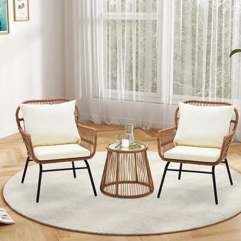 3-Piece Patio Conversation Bistro Set, Outdoor Rattan Furniture Set with Glass Table & 2 Wide Armchairs, Seat Cushions