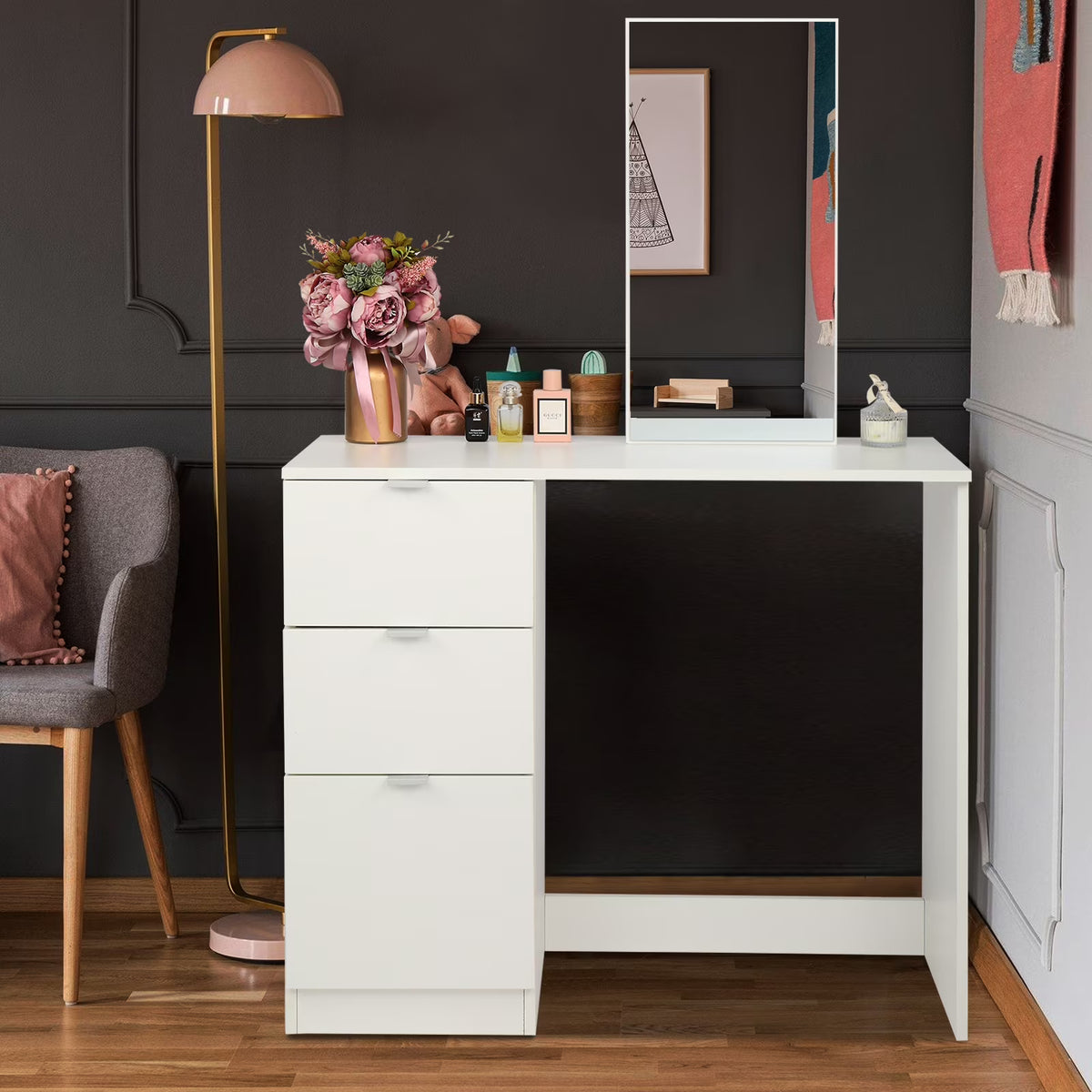 Ktaxon Vanity Set with 3 Color Lighted Mirror, Makeup Table with 6 Drawers, Dressing Table Makeup Desk with Stool, White