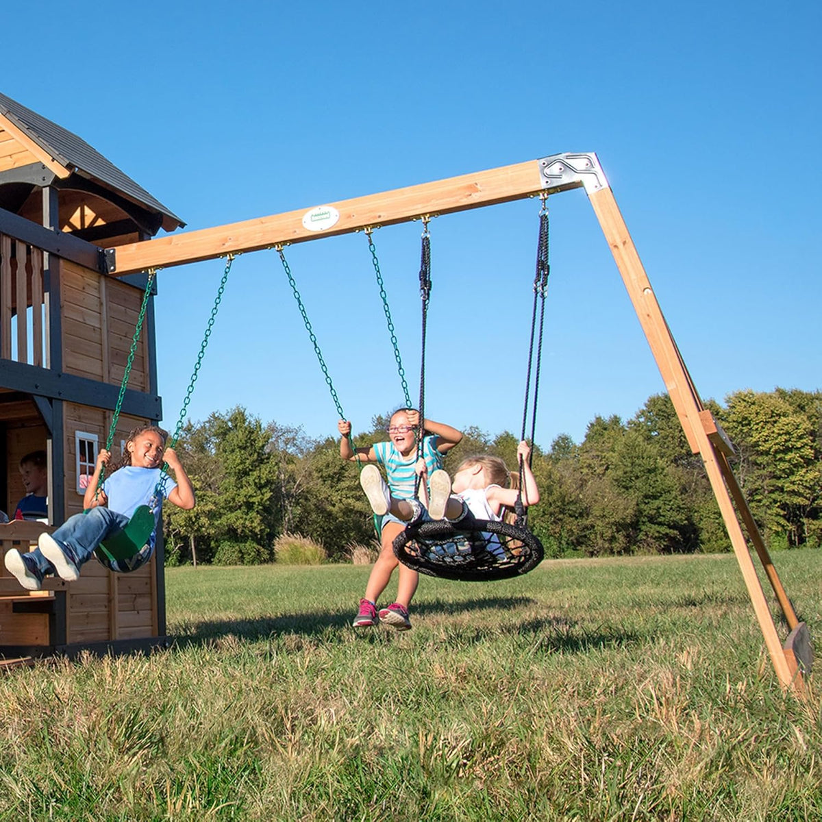 Backyard Discovery Canyon Creek Cedar Wood Swing Set with Wave Slide, Clubhouse, Play Kitchen, Picnic Area, Belt Swings, Web Swing, Rock Wall, Balconies, Playhouse, Step Ladder, Outdoor Playset