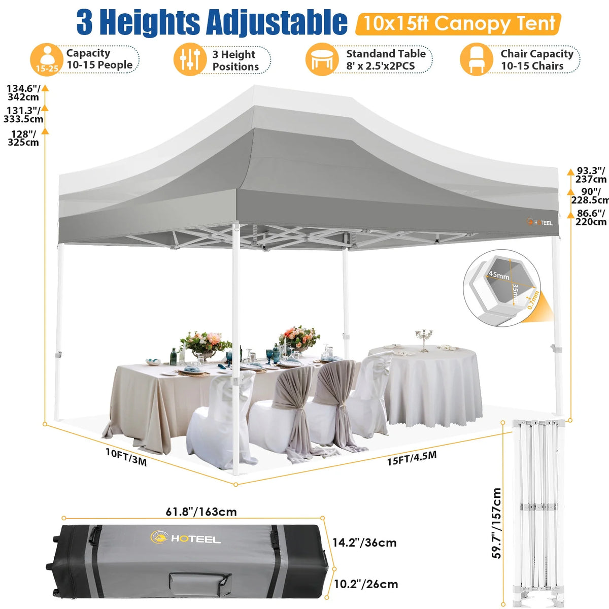 HOTEEL 10x15 Heavy Duty Canopy Tent - Commercial Pop Up with UV50+, Thick Hexagonal Frame, 4 Sidewalls, Anti-Pooling Design & Roller Bag (Black)