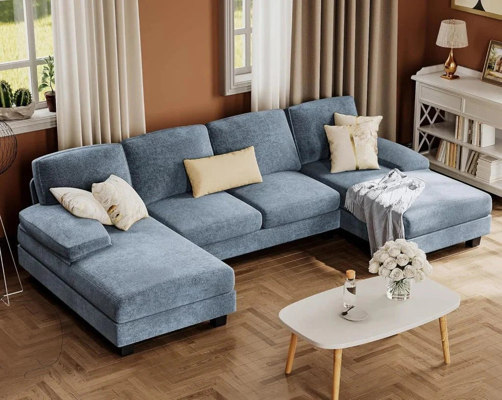Furmax Sectional Couches for Living Room, U-Shaped Sofa Couch with Linen Fabric, 4 Seat Sofa Set with Double Chaise for Apartment (Fabric, Grey)