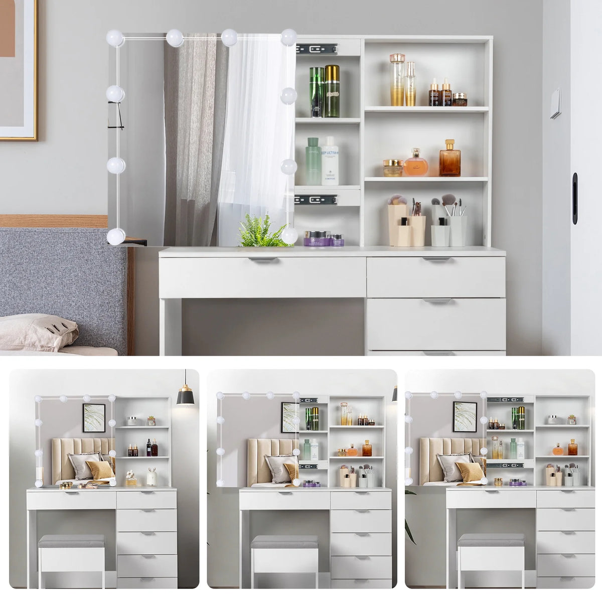 Ktaxon Vanity Set with 3 Color Lighted Mirror, Makeup Table with 6 Drawers, Dressing Table Makeup Desk with Stool, White