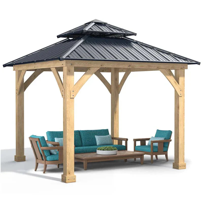 10 X 10 Ft Outdoor Patio Hardtop Gazebo With Wood Frame Amp 2 Tier Metal Roof All Weather Gazebo Pergolas Shelter