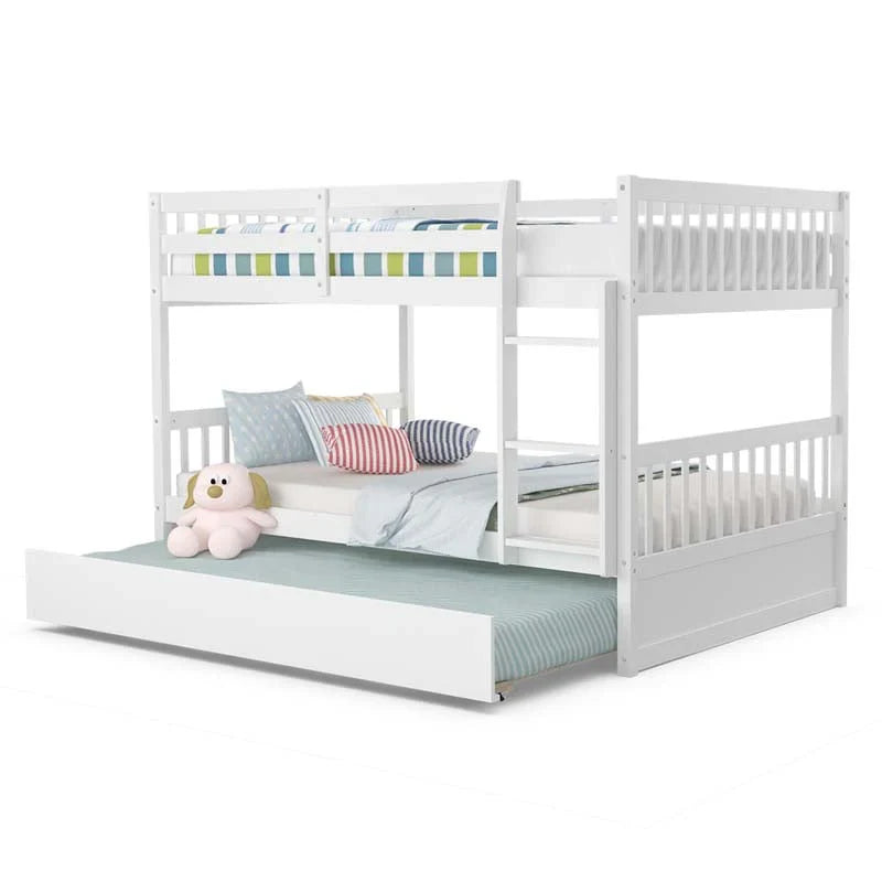 Solid Wood Full Over Full Bunk Bed Frame with Trundle, Safety Ladder & Guardrails, Convertible Bunk Bed for Kids Teens