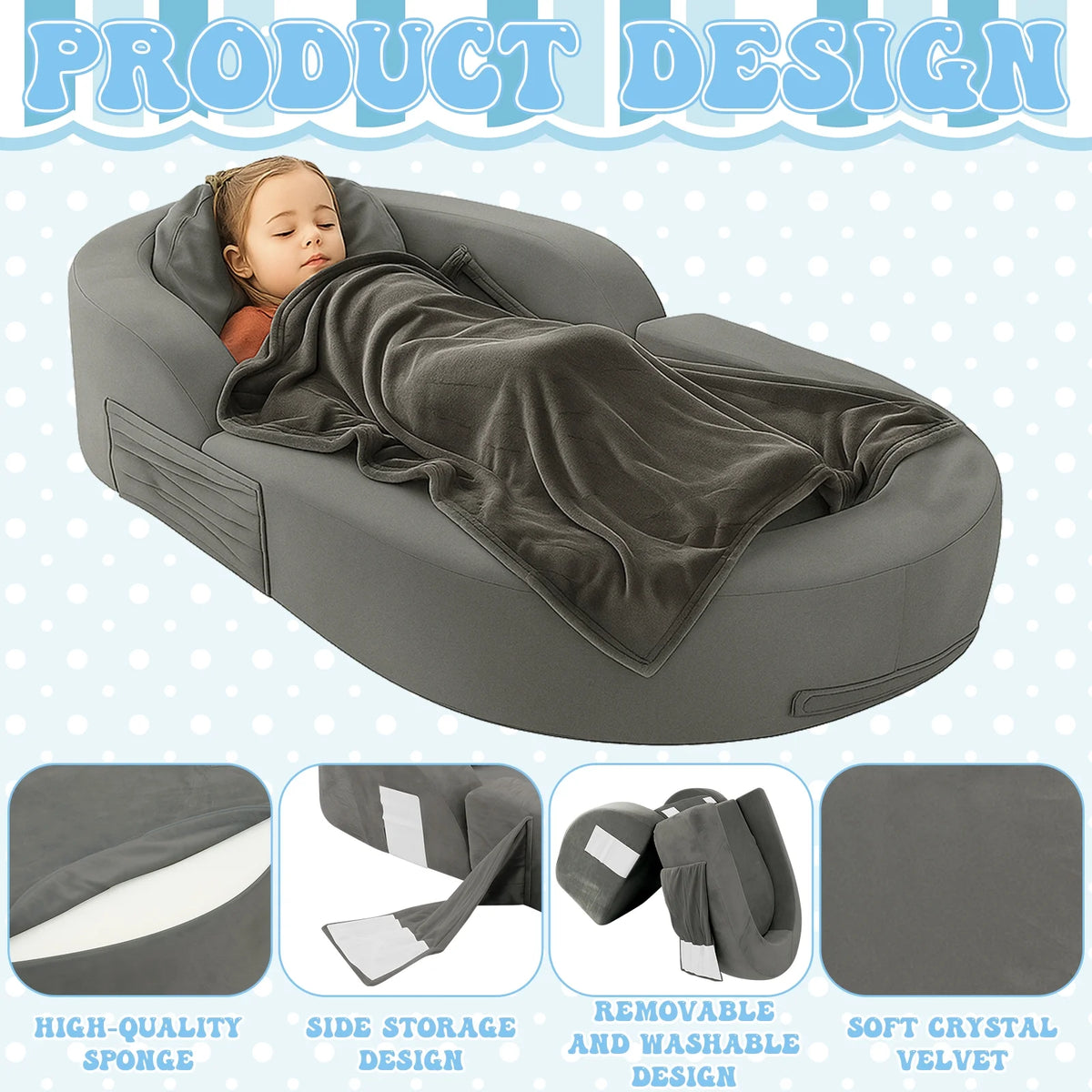 Coumy Toddler Travel Bed 2-in-1 Kids Sofa Chair with Removable Cover, Soft Foam Portable Foldable Toddler Bed for Travel with Carrying Bag, Blue