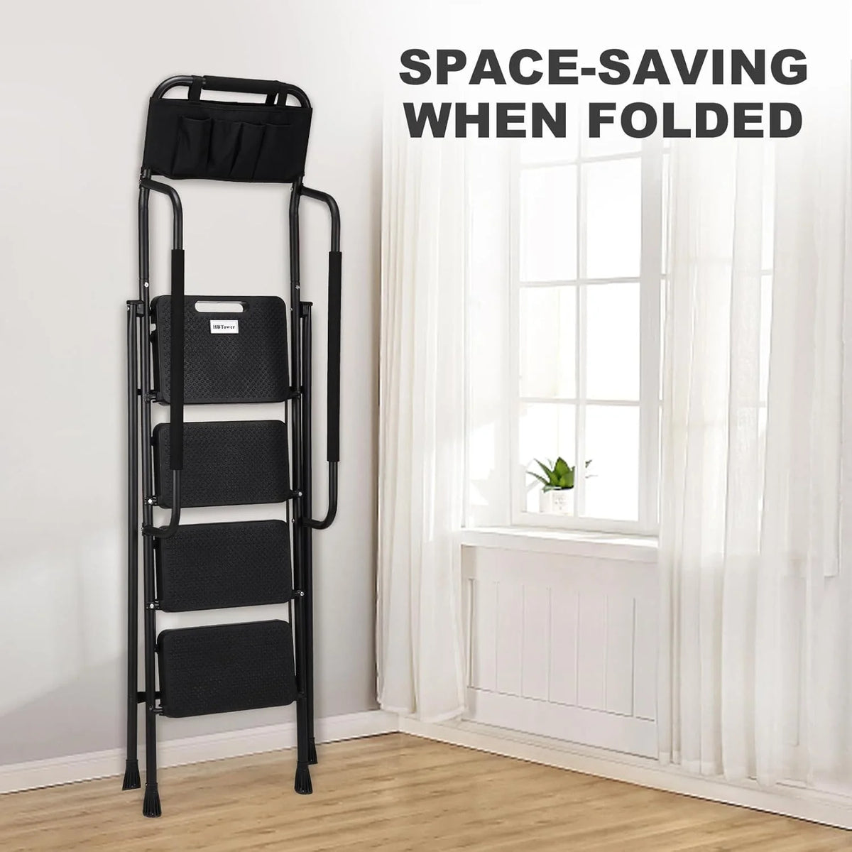 HBTower 4 Step Ladder with Handrails and Tool Bag, Folding Step Stool with Attachable Anti-Slip Wide Pedal, Black