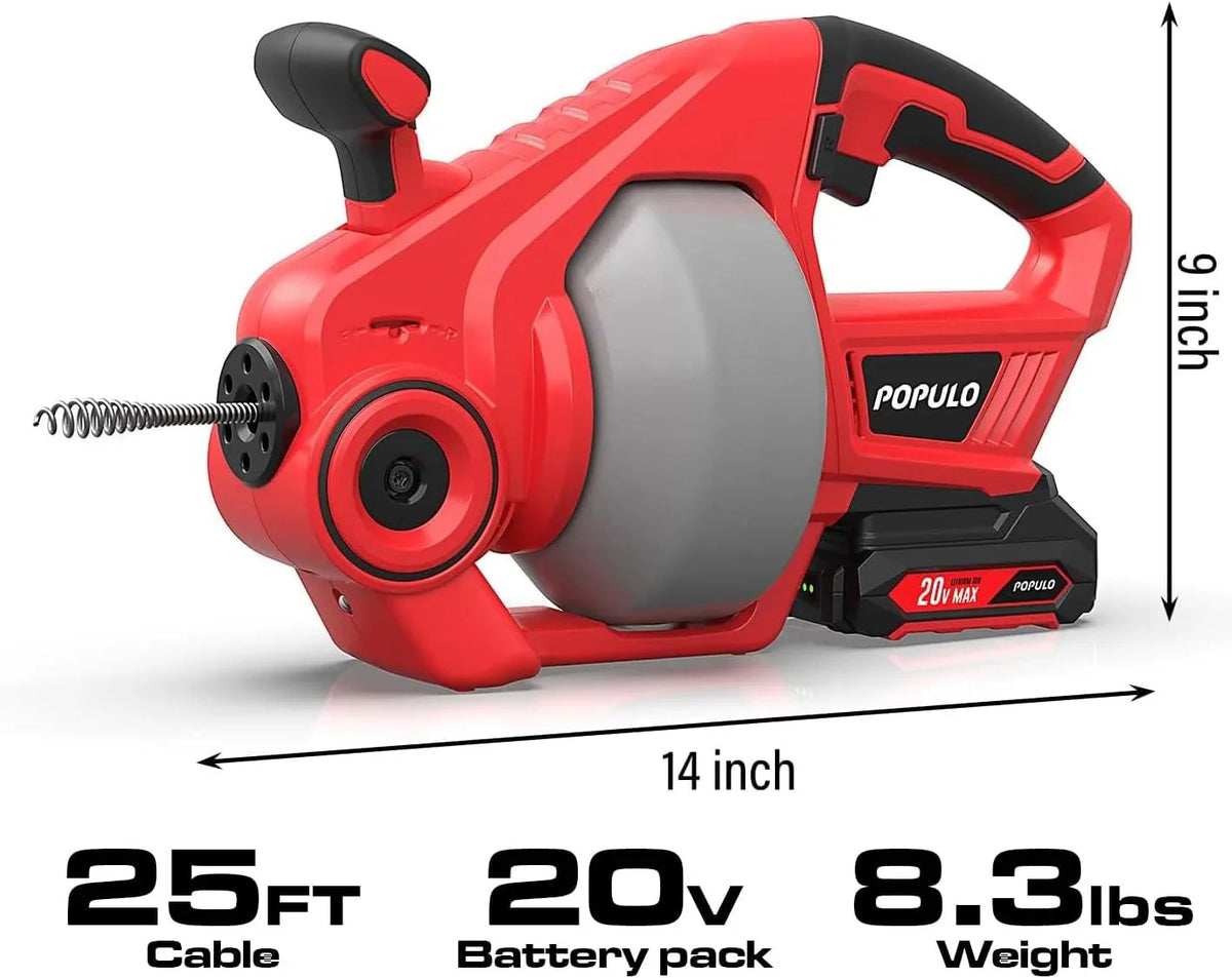 POPULO 20V Cordless Electric Drain Auger-Efficient 25Ft Auto-Feed Drain Snake with Replaceable Cable,2.0Ah Battery,Charger,Storage Bag & Gloves for Kitchen,Bathroom,Shower Pipes (3/4"-2")"