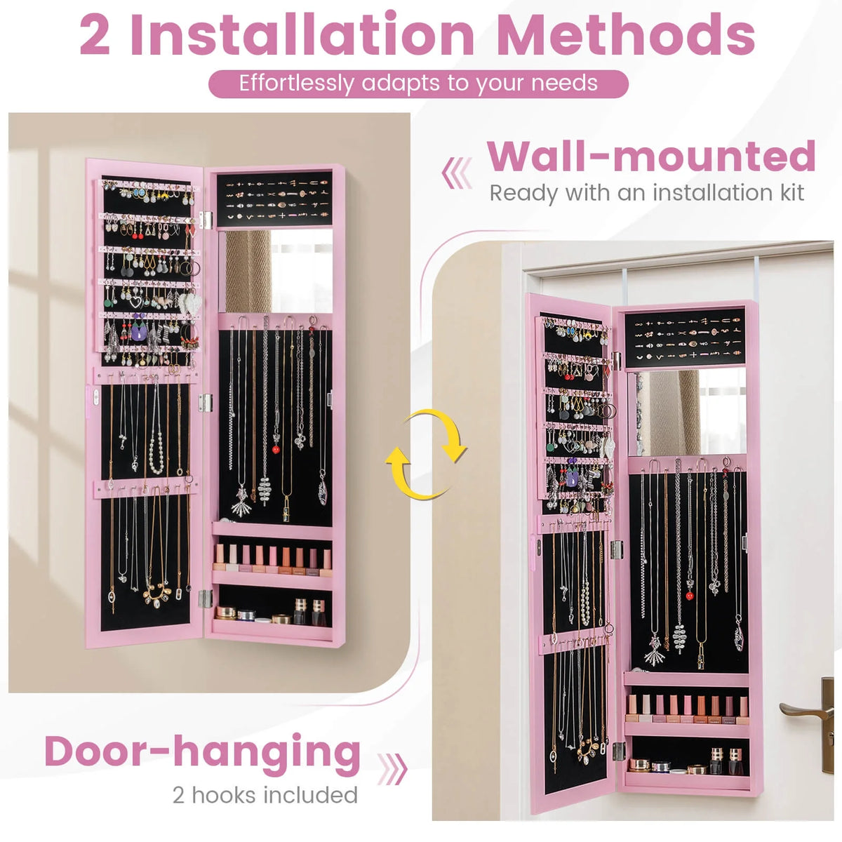 Costway Wall Door Mounted Mirrored Jewelry Cabinet Storage Organizer-Black