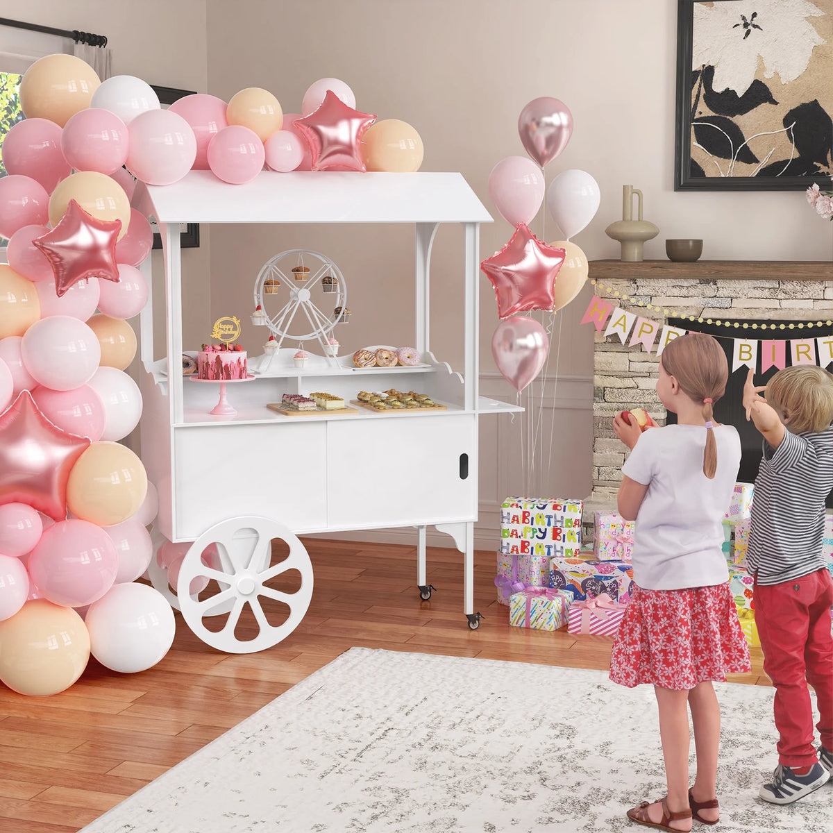 Candy Cart with Wheels for Party,Wood Dessert Cart with Storage Cabinet