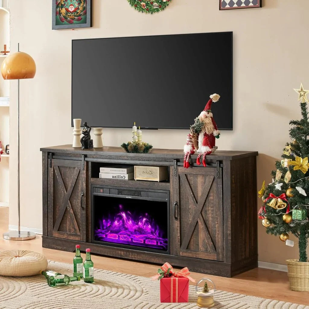 AMERLIFE Fireplace TV Stand with Sliding Barn Door for TVs up to 73", Farmhouse 63" Fireplace Entertainment Center with Storage Cabinets/Adjustable Shelves