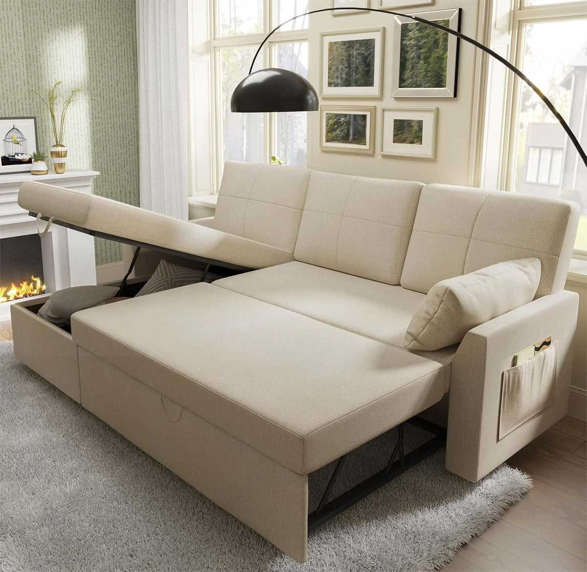 VanAcc Sofa Bed, Sleeper Sofa with Storage Chaise 2 in 1 Pull Out Couch Living Room