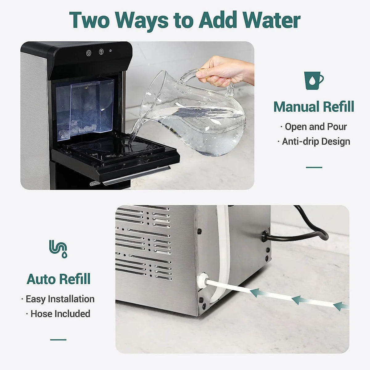V2.0 Countertop Nugget Ice Maker | Self Cleaning Pellet Ice Maker | Open and Pour Refill | Stainless Steel Housing |