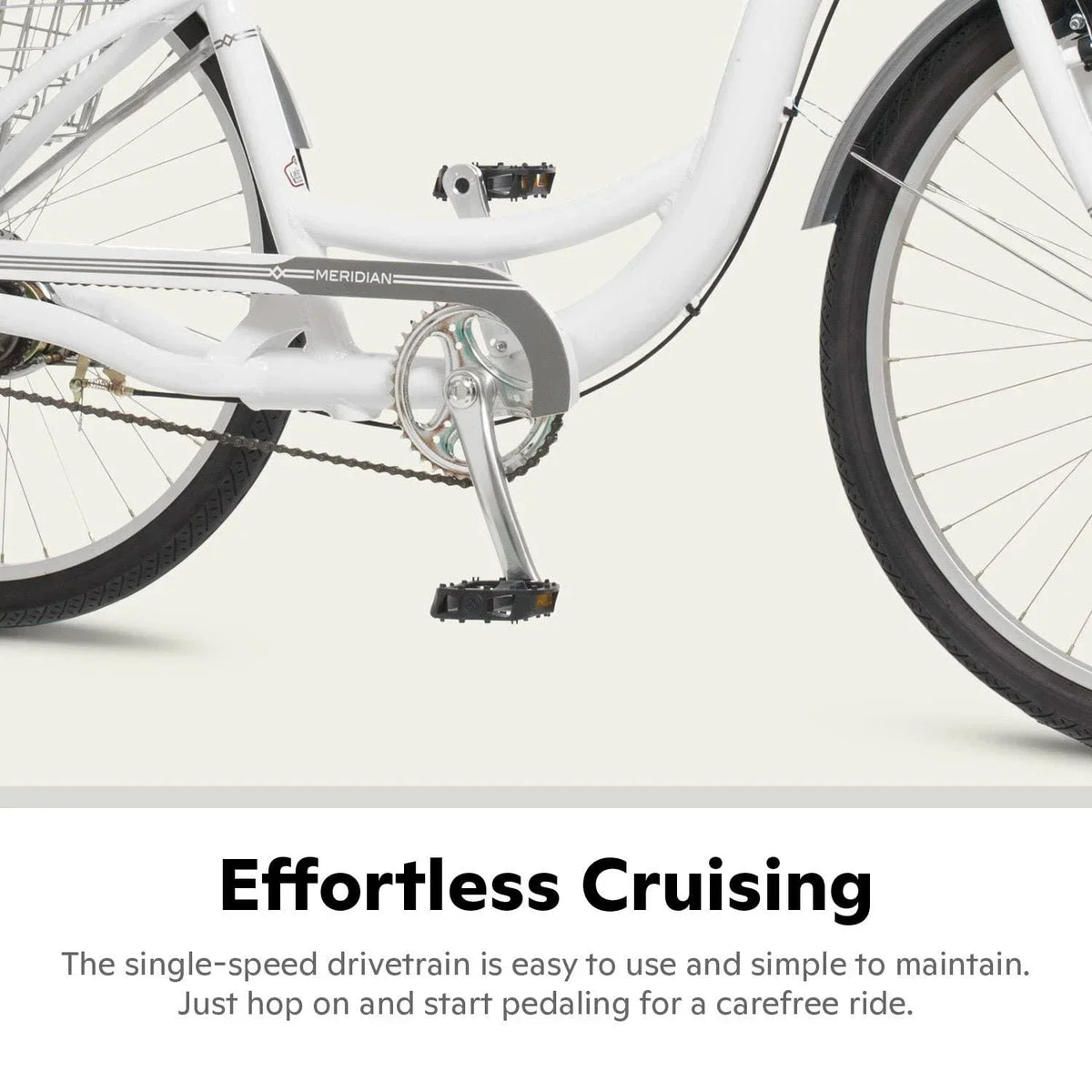 2025 Schwinn Meridian Adult Tricycle Bike Mens and Womens Three Wheel Beach Cruiser 26-inch Wheels Low Step-Through Frame Wide Seat Rear Folding Basket Sin