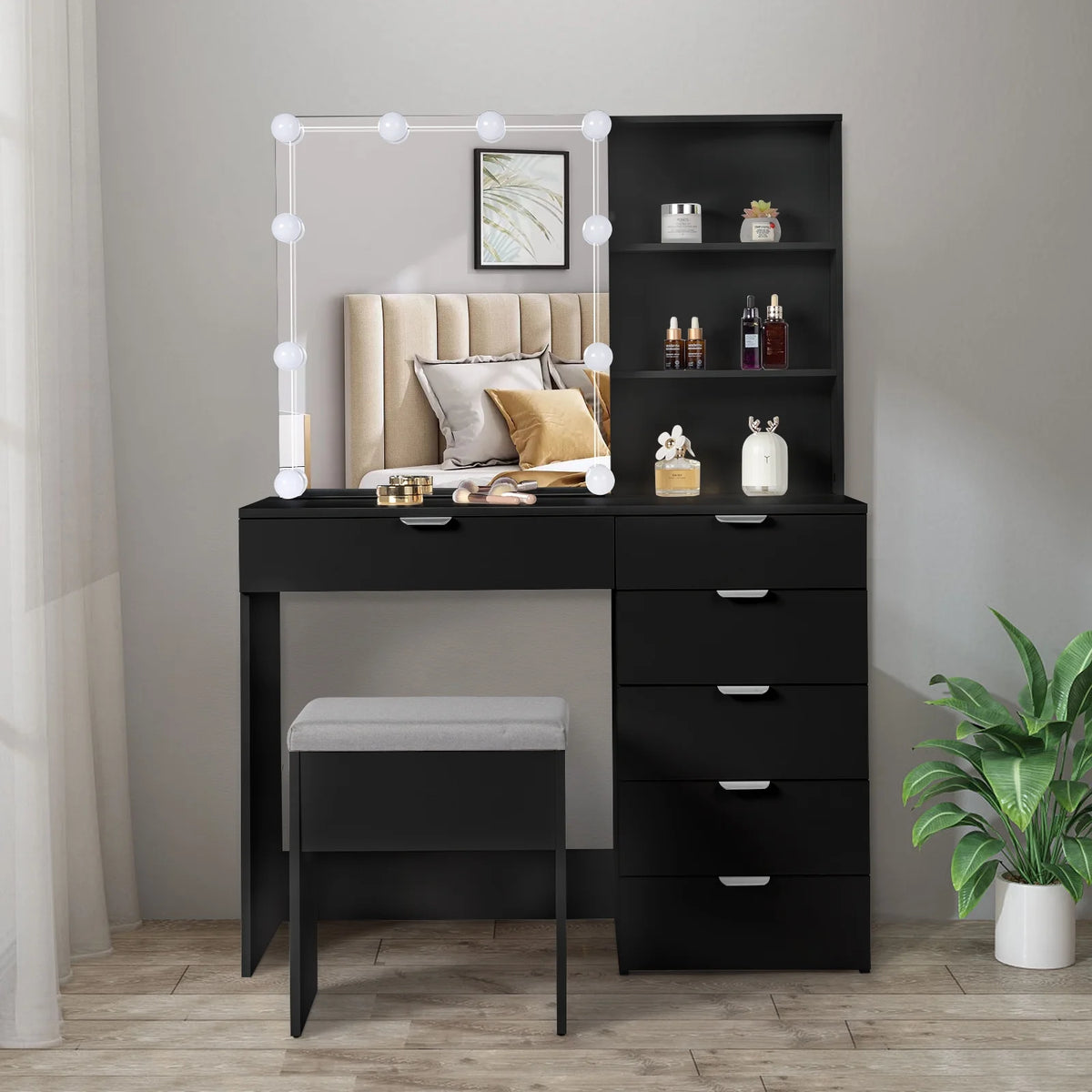 Ktaxon Vanity Set with 3 Color Lighted Mirror, Makeup Table with 6 Drawers, Dressing Table Makeup Desk with Stool, White