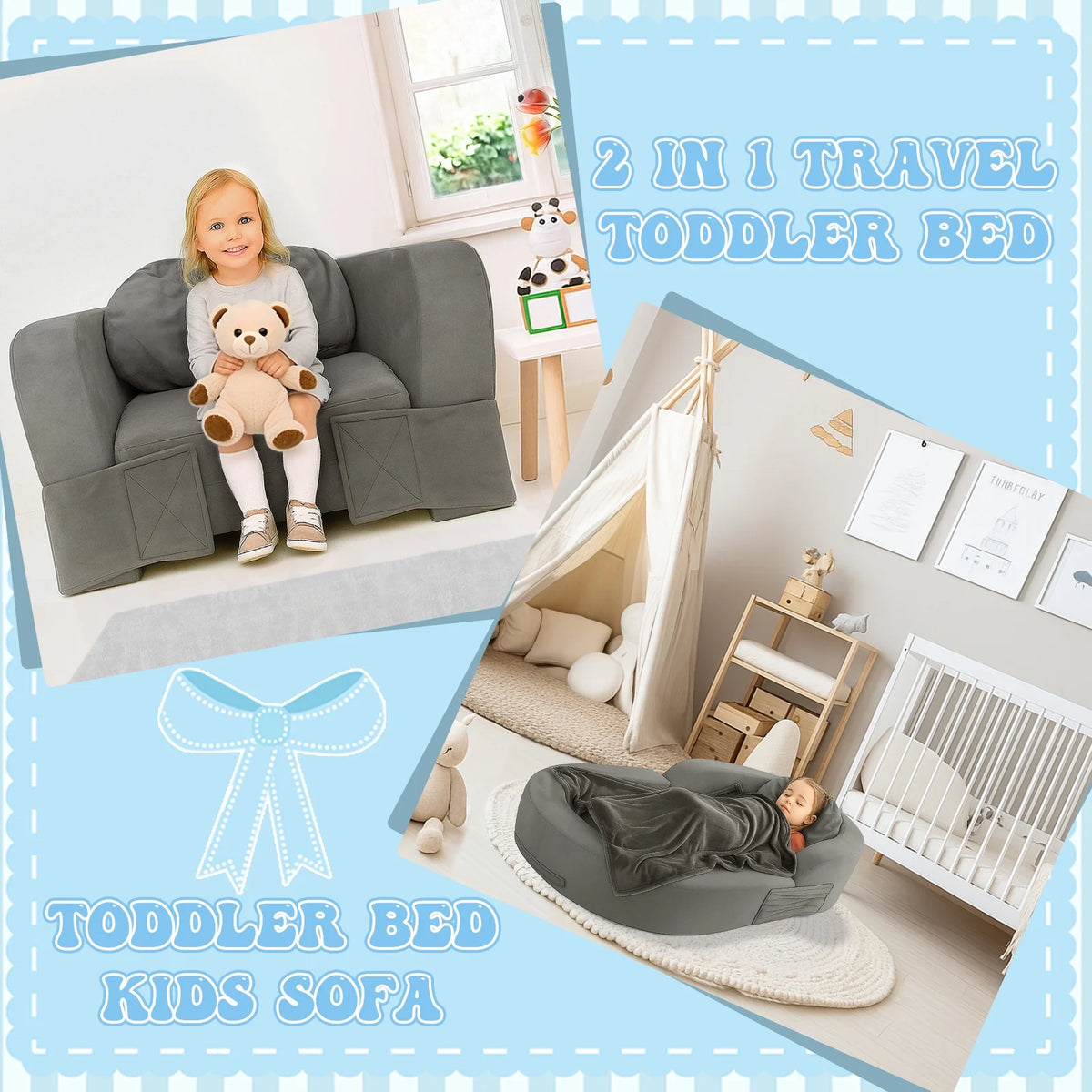 Coumy Toddler Travel Bed 2-in-1 Kids Sofa Chair with Removable Cover, Soft Foam Portable Foldable Toddler Bed for Travel with Carrying Bag, Blue