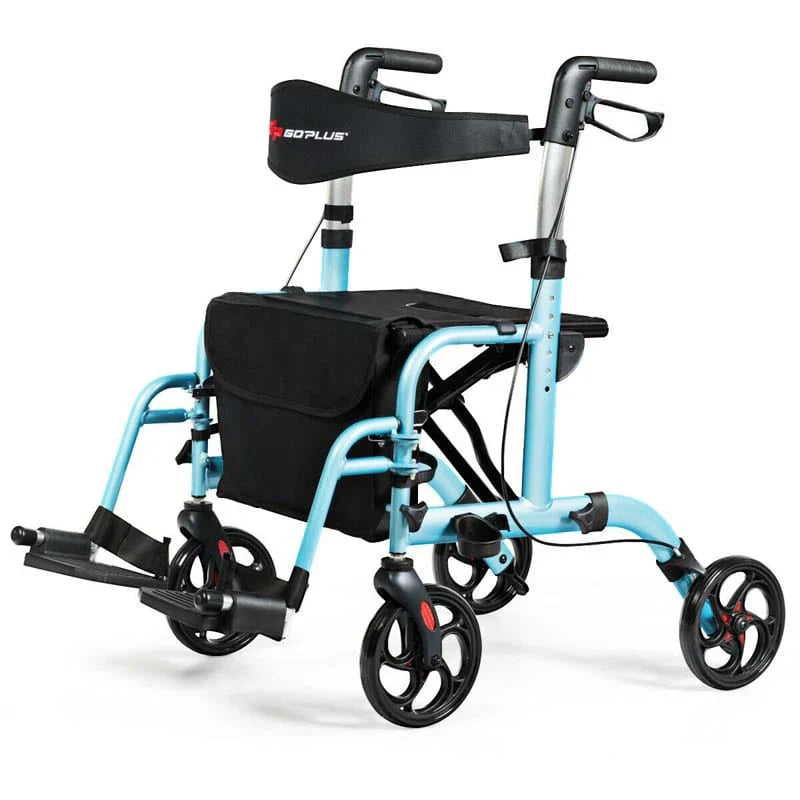 2 In 1 Rollator Walker Wheelchair Folding Medical Walker Aluminum Transport Chair Mobility Walking Aid - Comfortable And Ergonomic Design