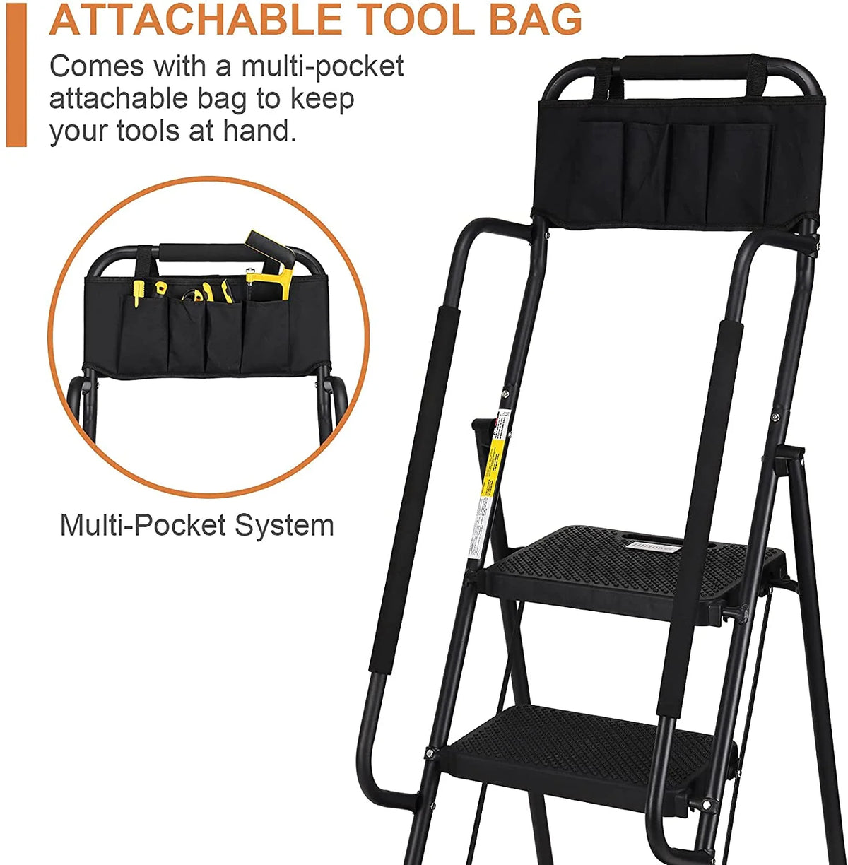 HBTower 4 Step Ladder with Handrails and Tool Bag, Folding Step Stool with Attachable Anti-Slip Wide Pedal, Black