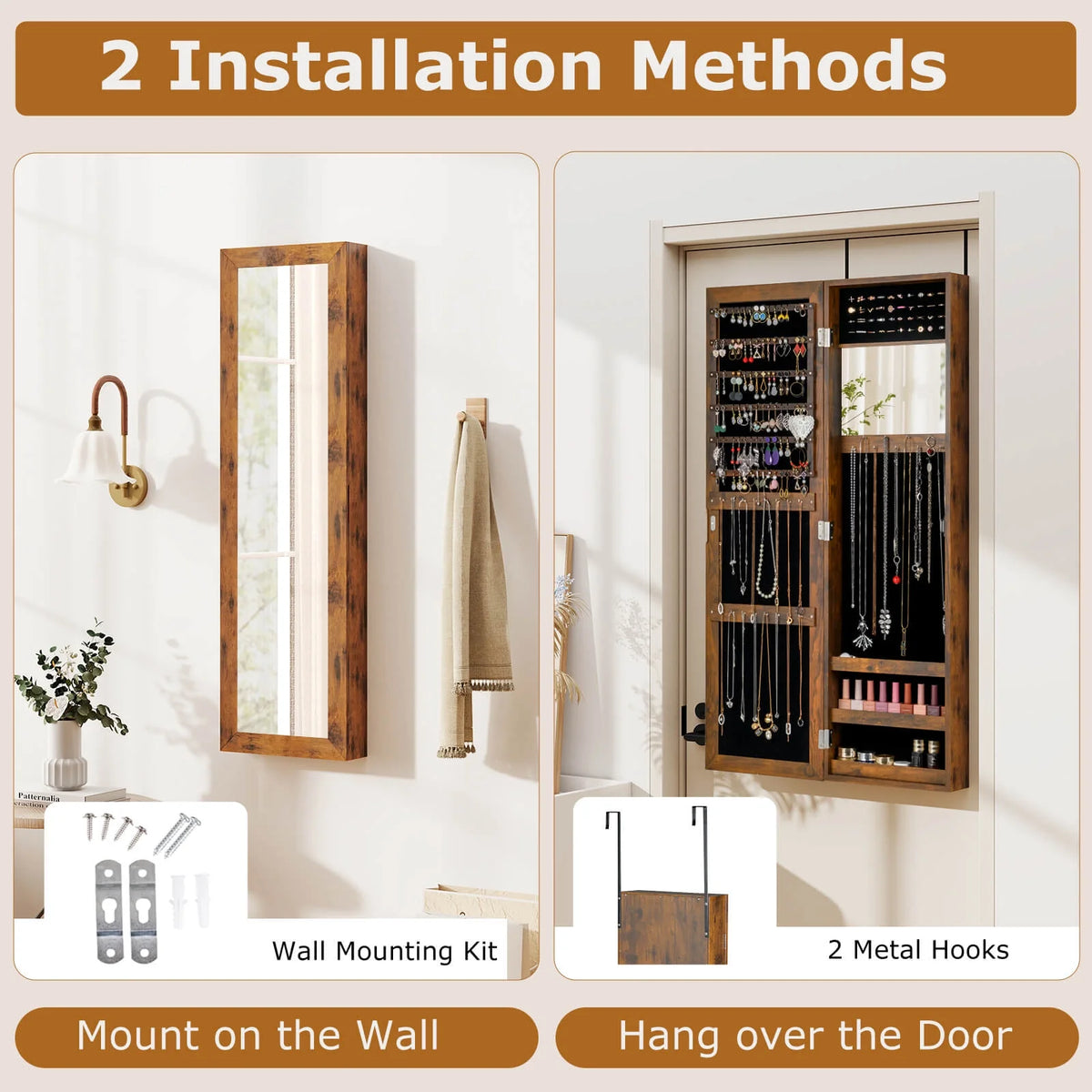 Costway Wall Door Mounted Mirrored Jewelry Cabinet Storage Organizer-Black