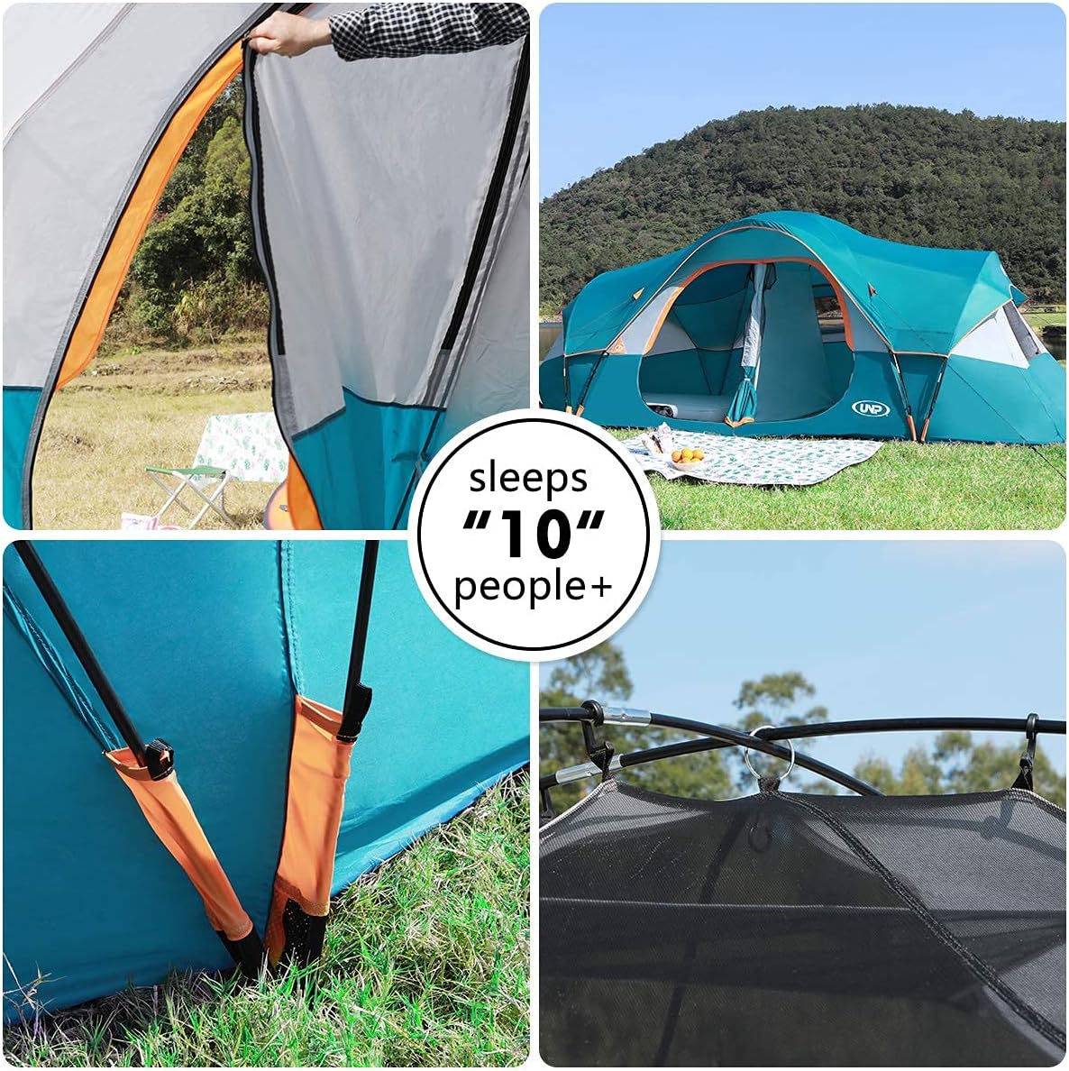 UNP Camping Tent 10-Person-Family Tents, Parties, Music Festival Tent, Big, Easy Up, 5 Large Mesh Windows, Double Layer, 2 Room, Waterproof, Weather Resistant, 18ft x 9ft x78in