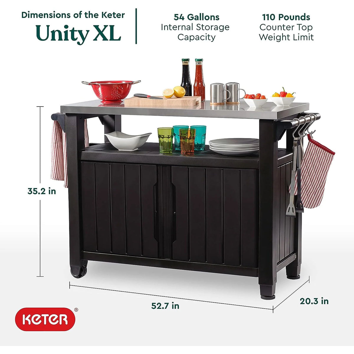 Keter Unity XL Outdoor Kitchen Bar Rolling Cart with Storage Cabinet, Brown