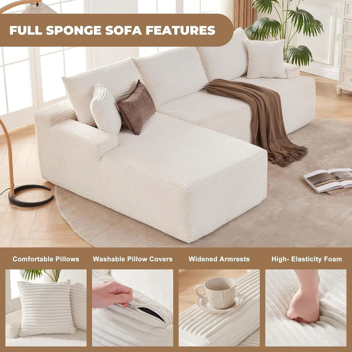 110 Cloud Sectional Couch, Boneless Sofa for Living Room Modular Sectional Sofa with Deep Seat
