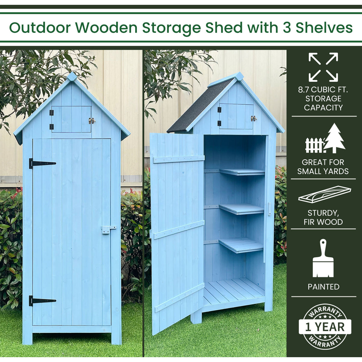 Hanover Sturdy Durable Waterproof Wood Outdoor Vertical Storage Shed, 70.40"x 30.30"x21.30", Blue