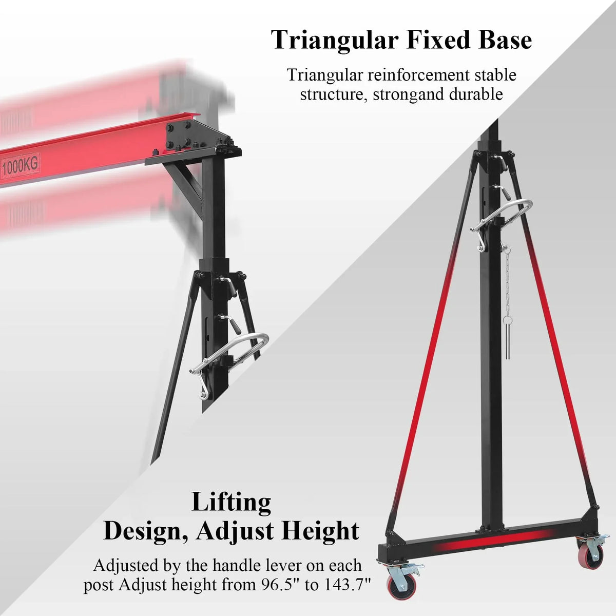 2025 1 Ton Adjustable Gantry Crane, 2200 lbs Capacity, Height Adjustable 96.5"-143.7", Portable Hoist for Factory, Construction, Warehouse, Auto Repair