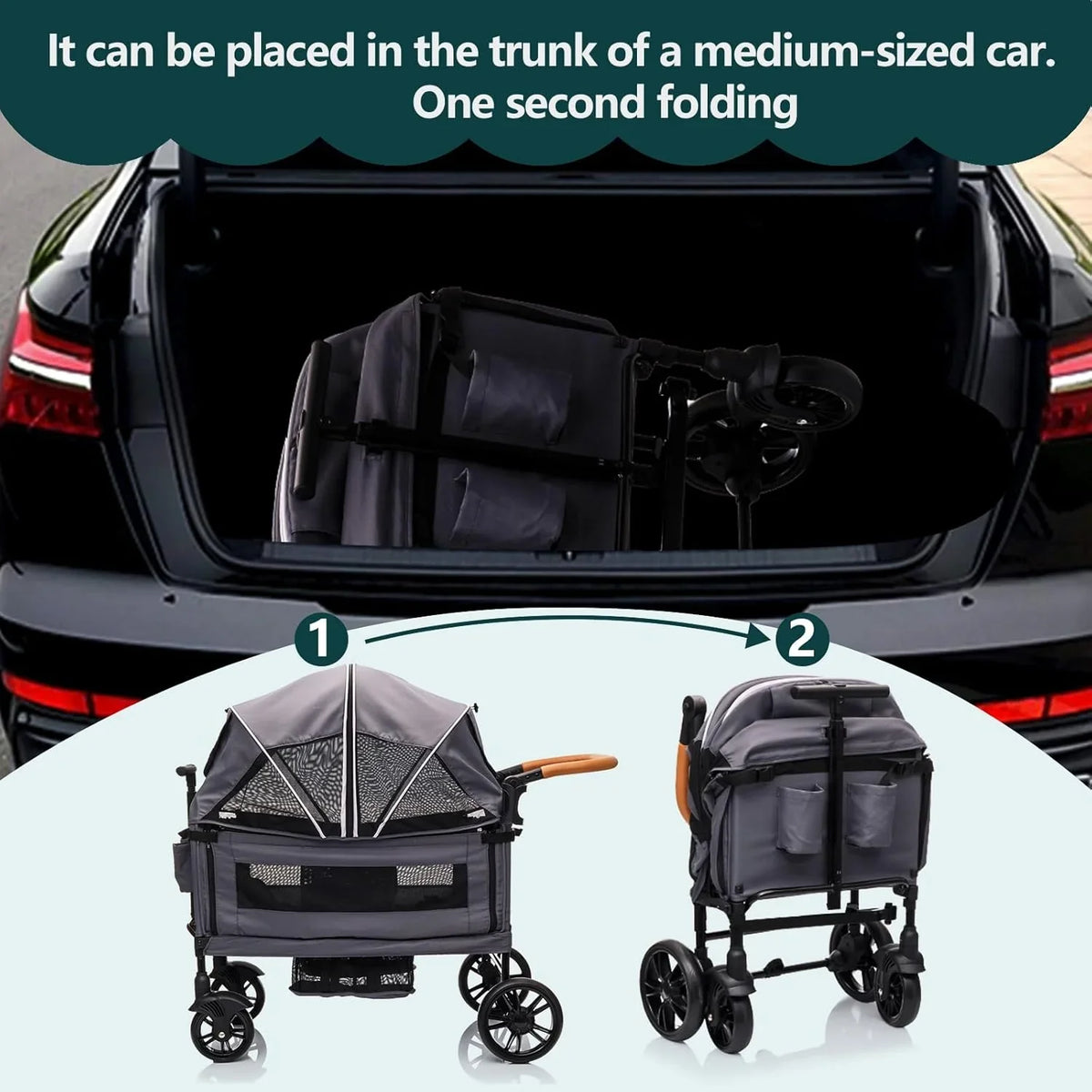 Wagon Stroller for 2 Kids & Cargo-Travel Stroller Push-Pull Double Wagon Lightweight Folding Stroller for Newborn&Toddler with 5-Point Harness,Adjustable Handle Bar and Canopy,Tray Table,Cup Holder