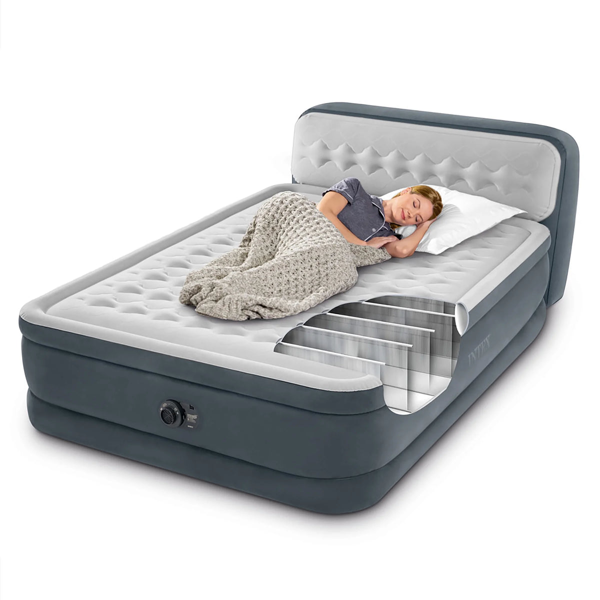 Intex: Dura-Beam Deluxe: Ultra Plush Headboard Airbed - Queen - Gray, 18" Inflatable Mattress, Built-In Pump, Fiber-Tech, Carry Bag, 600lb Cap 64447ED
