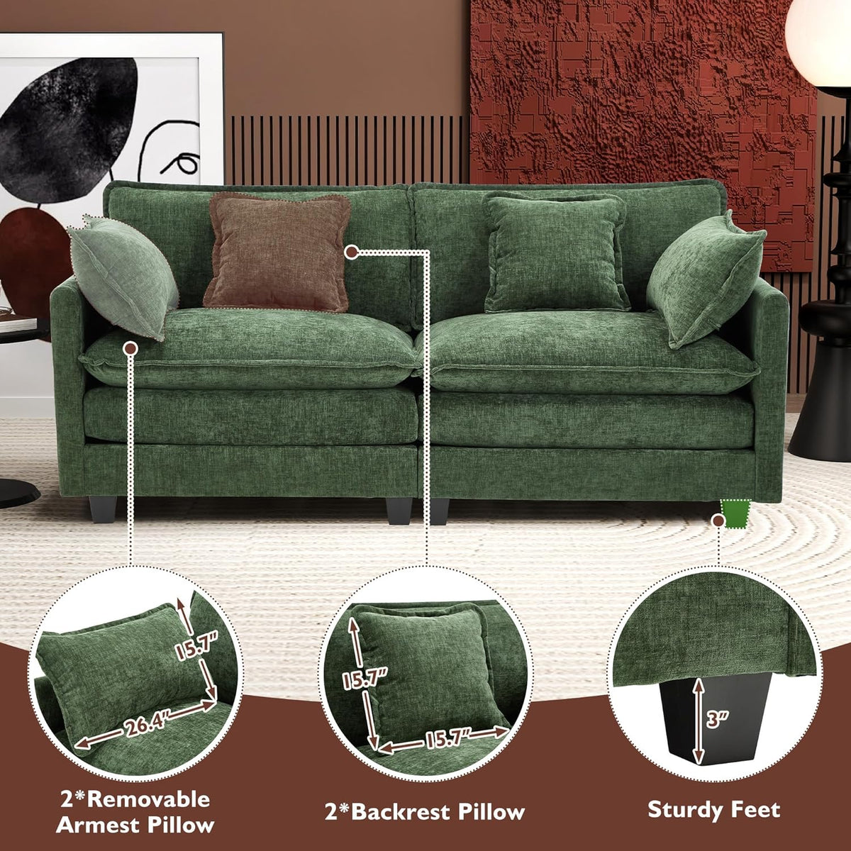 Ihanherry 146" U-Shaped Modern Sofa Modular Sectional Cloud Couch with 2 Ottoman, 6-Seat Chenille Deep Seat Sofa with 6 Pillows for Living Room, Bedroom and Apartment, Grey