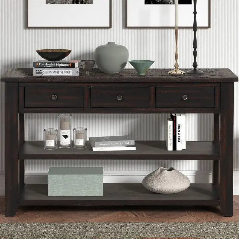 Wood Console Table with 3 Storage Drawers and 2 Shelves