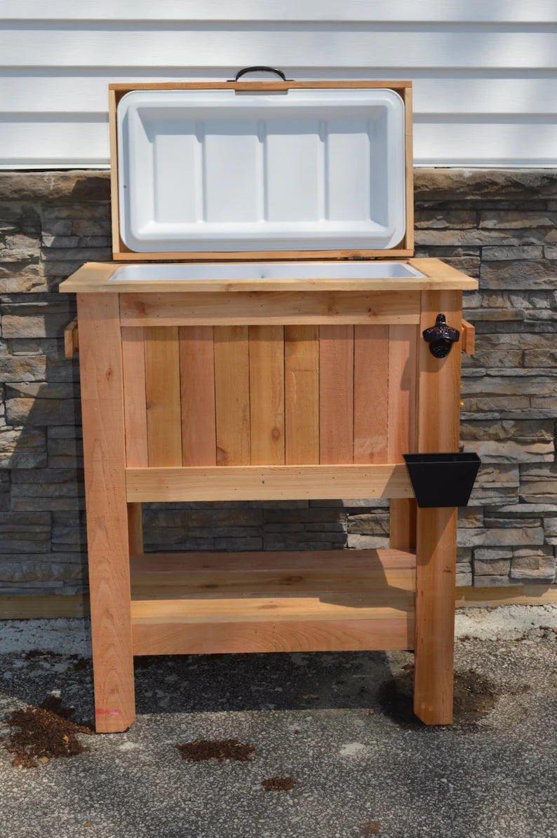 All Weather 48 Quart Antiqued Cedar Cooler Stand with Brass Drain, Bottle Opener and Cap Catcher, Beer Cooler.