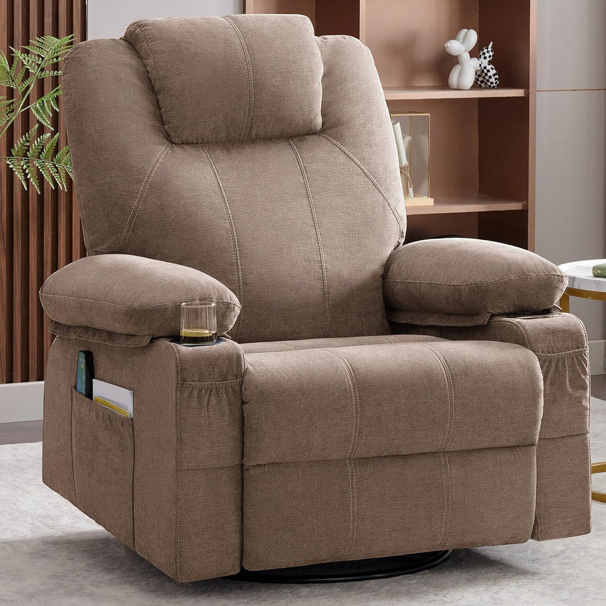 Oversized Swivel Rocker Recliner Chair with Heat and Massage, 360 Degree Swivel Rocking Single Sofa with Cup Holders and USB Port, Large Big Recliner Chair for Living Room (Leather, Brown)