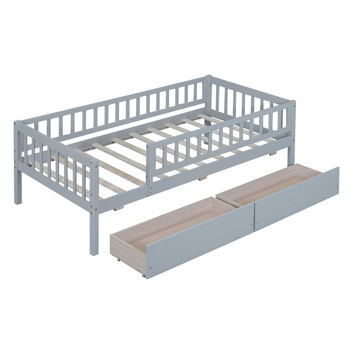 Holaki Twin Size Wood Bed with Guardrails and 2 Storage Drawers for Kids, Gray
