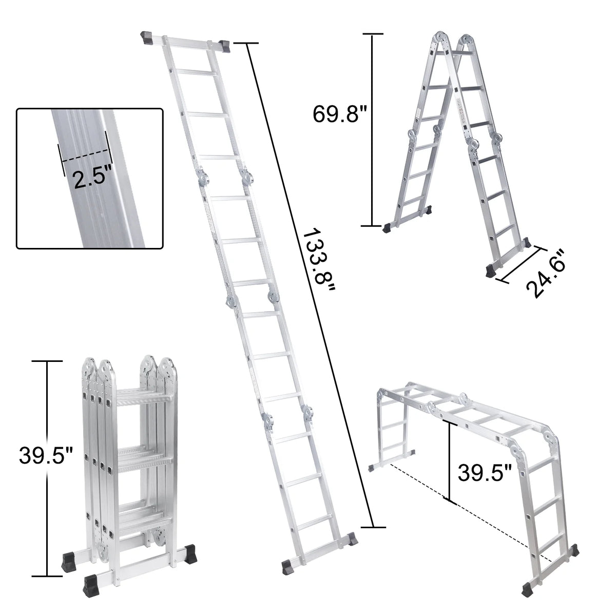 BETISEF 12.5ft 7 in 1 Multi-Purpose Ladder, Folding Aluminium Extension Ladder w/Anti-Slip Feet, EN 131 Standard 330LB Capacity