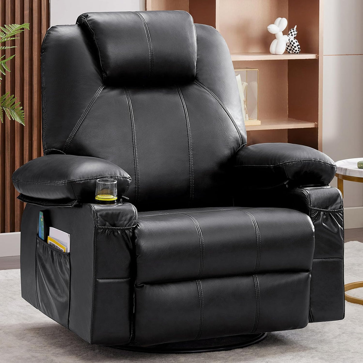 Oversized Swivel Rocker Recliner Chair with Heat and Massage, 360 Degree Swivel Rocking Single Sofa with Cup Holders and USB Port, Large Big Recliner Chair for Living Room (Leather, Brown)