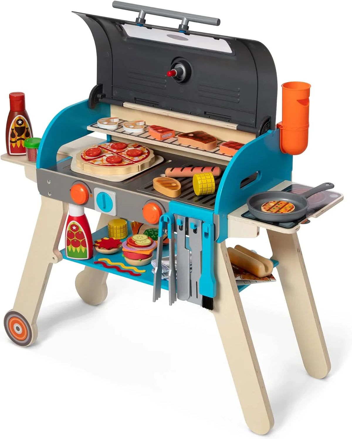Wooden Luxury Grill, Smoker and Pizza Oven Toy Food Toy for Kids Pretend Cooking