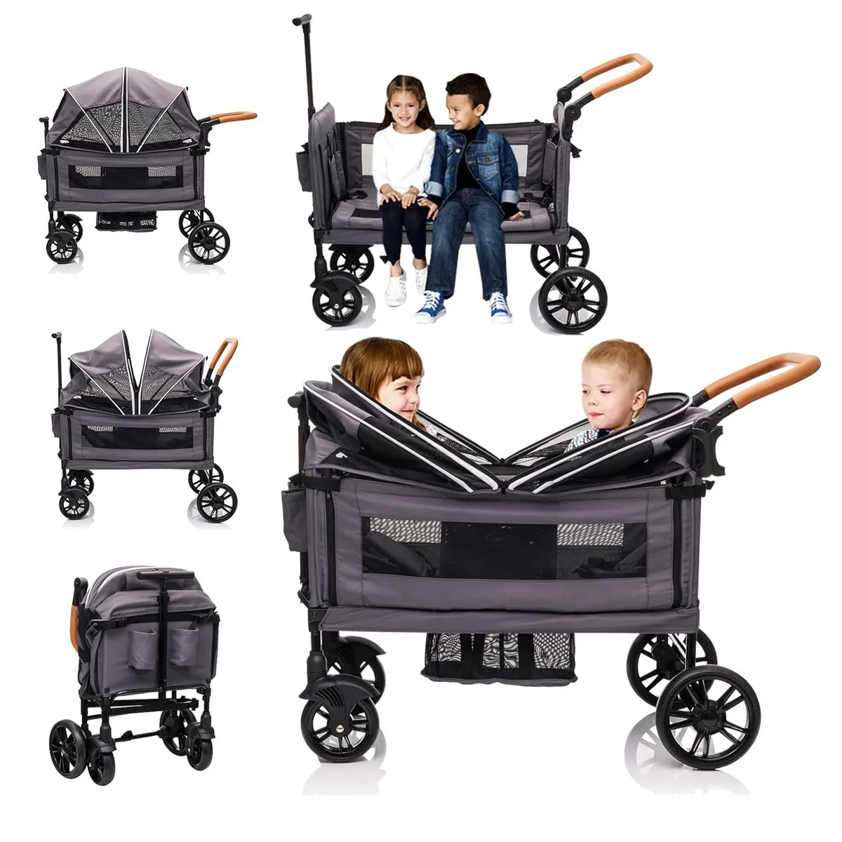 Wagon Stroller for 2 Kids & Cargo-Travel Stroller Push-Pull Double Wagon Lightweight Folding Stroller for Newborn&Toddler with 5-Point Harness,Adjustable Handle Bar and Canopy,Tray Table,Cup Holder